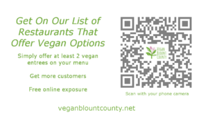 Vegan Blount County business card showing how to get on the restaurant and a QR code