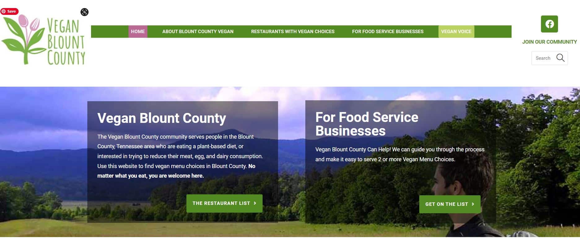 Front page of Vegan Blount County website showing options for a restaurant list and resources for food serve businesses